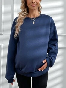 SHEIN Women's Casual Solid Color Maternity Sweatshirt With Round Neck, For Winter - Navy Blue - View 4