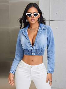 SHEIN SXY 帽t短身丹寧夾克 - 藍色 - 查看 1