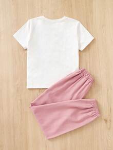 SHEIN Cô gái Tween Đan In thư Lỏng lẻo phù hợp Áo thun Và Màu thuần Eo đàn hồi Chạy bộ Hai chiếc Bộ - Hồng - Xem 2