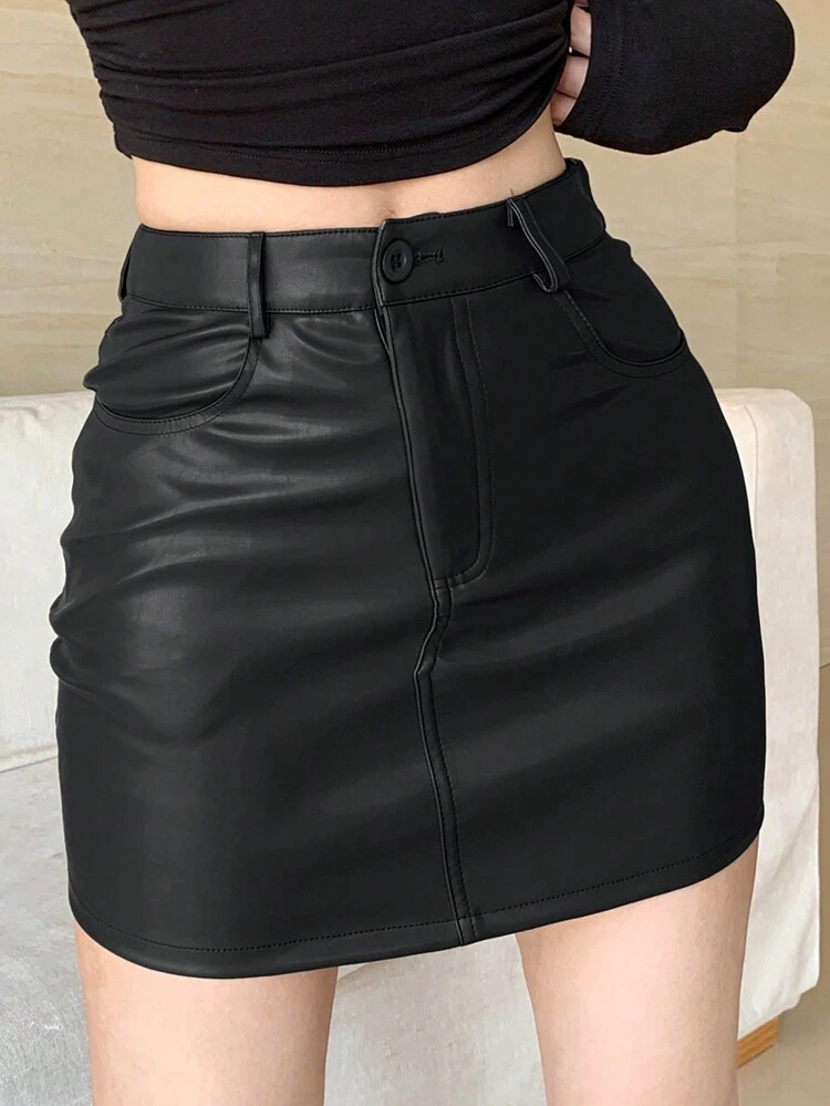 Women's Short Pu Leather Skirt,Ladies Spring/Fall Casual Button,Pocket,Zipper Mini Regular Fit High Waist Black Plain Women Skirts , Casual Daily Wear