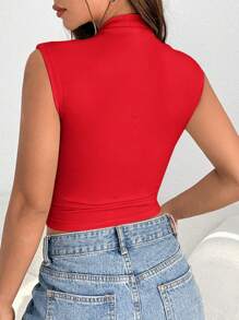 SHEIN EZwear Ladies' Solid Color Slim Fit Sleeveless Tank Top With Stand Collar - Red - View 2