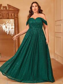 Vestido De Fiesta Largo De Lentejuelas Con Hombros Descubiertos Para Mujeres De Talla Grande - Verde Oscuro - Ver 6