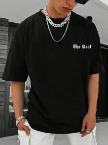 男士休闲口号印花圆领 T 恤，适合通勤 - 黑色 - 查看 3