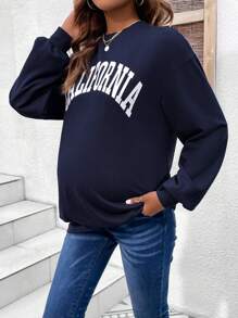 SHEIN 孕妇字母图案长袖运动衬衫，适合孕妇，冬季 - 藏蓝色 - 查看 4