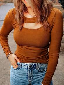 女士大尺碼純色中空圓領t恤 - 棕色 - 查看 3