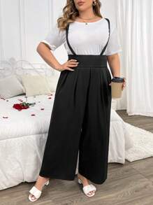 Franclia Salopette Pantalone Largo Jumpsuit A Gambale Largo Tinta Unita Taglie Forti - nero - Visualizzare 7