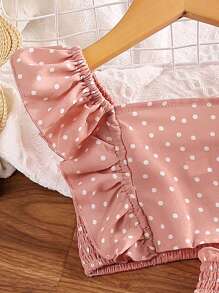 SHEIN Cô gái Tween In vết tròn Polka Ruffled Off-shoulder Áo Và Bộ quần short - Bụi hồng - Xem 3