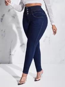 SHEIN Lady Women's Plus Size Slim Fit Jeans With Button And Whisker Design