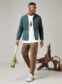 SHEIN In My Nature Men's Colorblock Zip-Up Hooded Sun Protection Jacket Workout Tops - Green - View 4