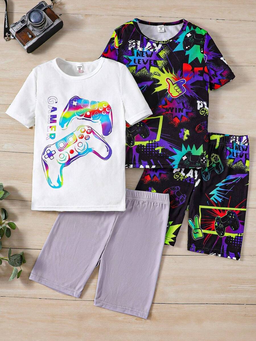 Ensembel Pyjama Pour Garçon De Transition Imprimé Console De Jeux Pour T-shirt À Manches Courtes Et Shorts, Coupe Ajustée Confortable, 2 Pièces/ensemble