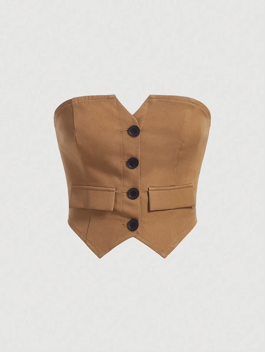 SHEIN MOD Plus Size Solid Color Front Buckle Tube Top - Brown - View 1