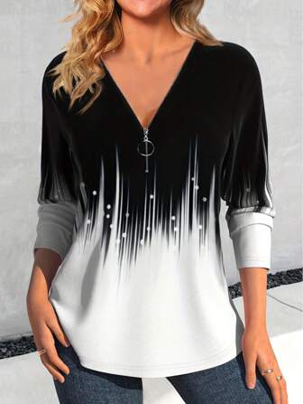 Women's Fashion Contrasting Color Print Zip-Up Long Sleeve T-Shirt