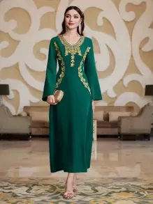 Al Najma Vestido De Manga Acampanada Para Mujeres Con Parche Y Bordado