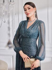 Modelyn Wrap Lantern Long Sleeve Dress Long Evening Dresses - Blue - View 6