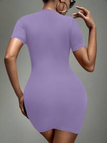 SHEIN SXY Women's Round Neck Short Sleeve Bodycon Dress - Purple - View 2