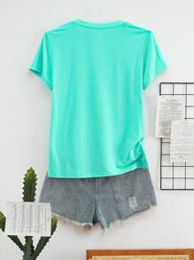 SHEIN LUNE Women's Plus Size Letter & Dog Paw Print Short Sleeve T-Shirt - Green - View 2