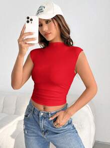 SHEIN EZwear Ladies' Solid Color Slim Fit Sleeveless Tank Top With Stand Collar - Red - View 3