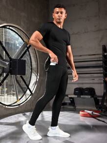 Manfinity Sport Corelite Men's Solid Color Comfortable Sports Suit, Athletic Suit, Tracksuit Workout Set Gym Set Workout Set - Black - View 5