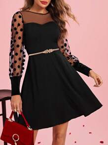 SHEIN Clasi Women Polka Dot Mesh Contrast A-Line Dress - Black - View 1