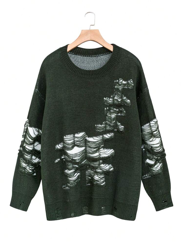 Plus Size Round Neck Distressed Long Sleeve Sweater Knit Pullover Fall Winter