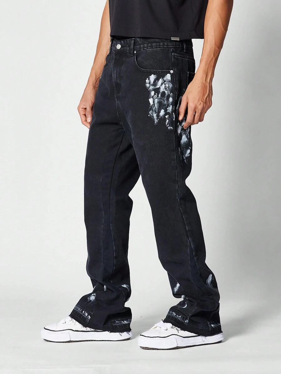 SUMWON Flare Fit Jean With All Paint Print - Black - View 1