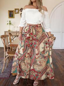 SHEIN Holidaya Große Größen-hose Mit Weitem Bein Und Gürtel Im Paisley Muster