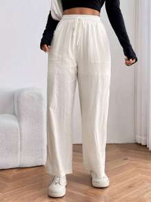 SHEIN PETITE Solid Loose Fit Pants - White - View 4
