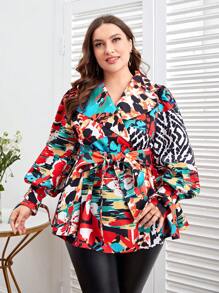 Sylvia Mollie Designer Business Casual Plus Allover Print Belted Coat, For Holiday, Vacation, Going Out, Spring, Festival, Ibiza Fits - Multicolor - View 1