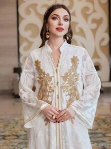 Al Najma Color Blocking Embroidered Patchwork Notched Neck Long Sleeve Jalabiya Dress Eid Dress, Modest Kaftan
