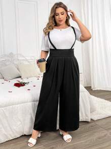 Franclia Salopette Pantalone Largo Jumpsuit A Gambale Largo Tinta Unita Taglie Forti - nero - Visualizzare 1