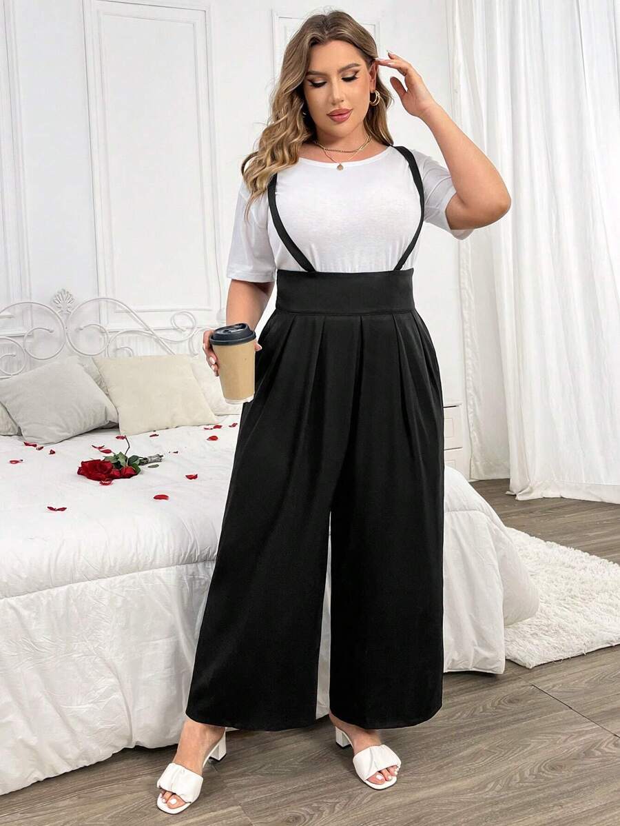 Franclia Salopette Pantalone Largo Jumpsuit A Gambale Largo Tinta Unita Taglie Forti - nero - Visualizzare 1