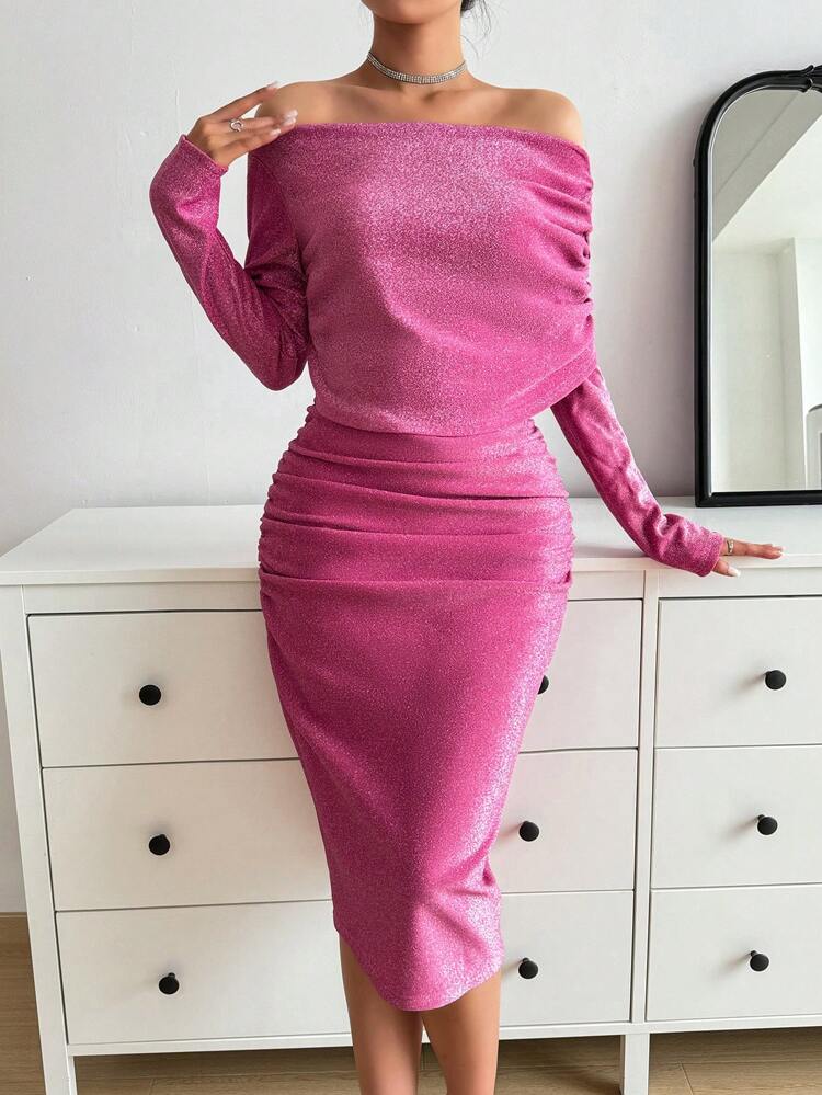 Ladies' Oblique-Shoulder Shiny Pleated Dress