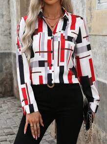SHEIN Clasi Camisa de manga larga con estampado geométrico para mujer, tops de manga larga