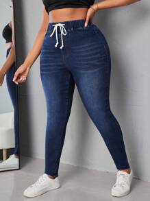 SHEIN SXY Plus Size Drawstring Waist Washed Skinny Jeans