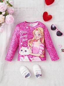 SHEIN Baby Girl Cute Cartoon Princess & Cat Imitation Sequin Pattern Long Sleeve Top - Pink - View 1