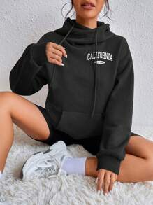 SHEIN Unity 女士字母印花束口帽衫 - 黑色 - 查看 1