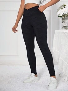 X形十字黑色迷彩高腰v型緊身褲 - 黑色 - 查看 4