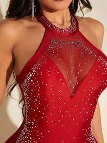 SHEIN SXY Của phụ nữ Quần bó Váy không tay Với Pha lê Đồ trang trí Và mỏng Lưới Bảng - Đỏ - Xem 3