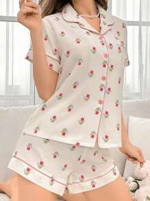 女士短袖上衣和短褲睡衣套裝,印有郁金香圖案的領口和口袋 - 米色 - 查看 6