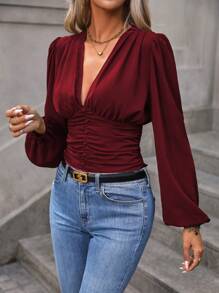 SHEIN Clasi 纯色褶皱深 V 领衬衫、长袖上衣 - 酒紅色 - 查看 7