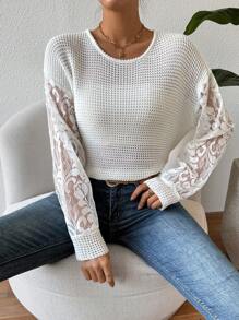 SHEIN Unity Women's Lace Spliced Long Sleeve Sweater With Back Strap Detail Knit Pullover Fall Winter Sweater - White - View 2