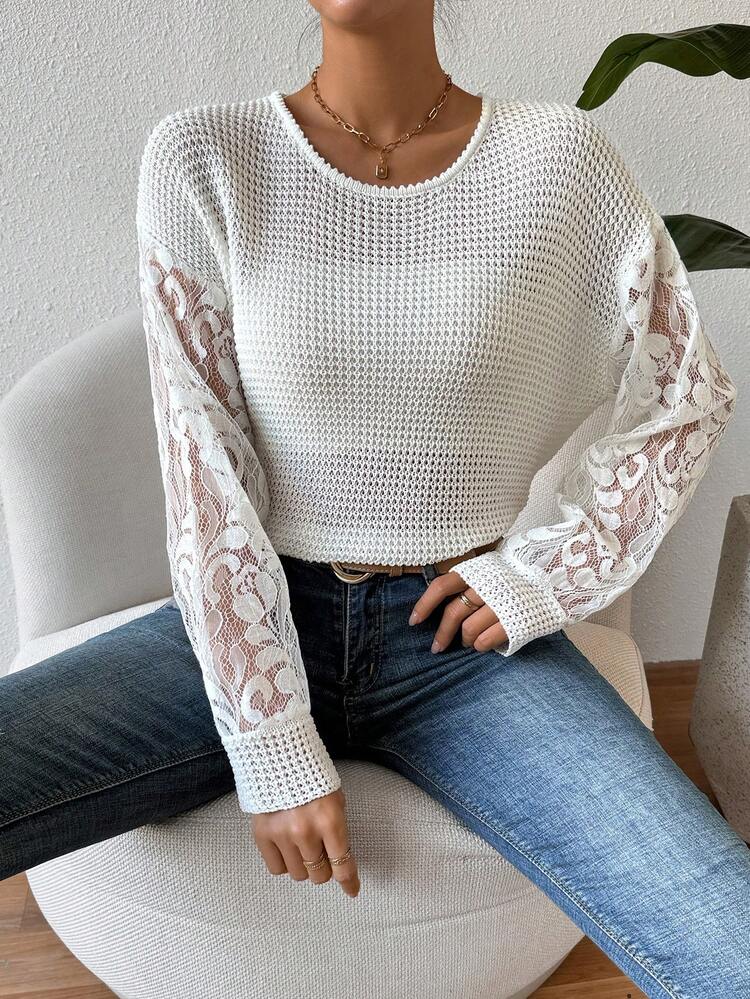Women's Lace Spliced Long Sleeve Sweater With Back Strap Detail Knit Pullover Fall Winter Sweater