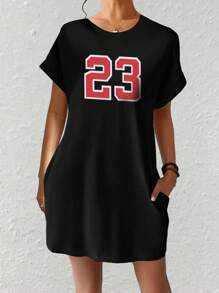 SHEIN EZwear Round Neck Number Printed Dress - Black - View 1