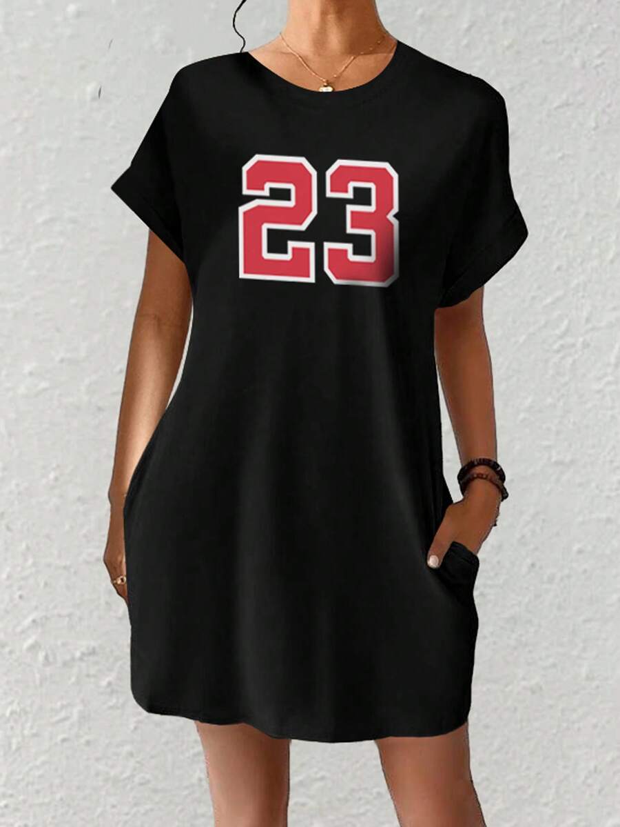 SHEIN EZwear Round Neck Number Printed Dress - Black - View 1