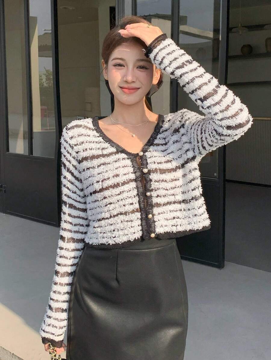 DAZY Women's Striped Fluffy Cardigan