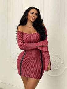 Zolique 女士離肩分裂袖修身毛衣連身裙 - 紅色 - 查看 1