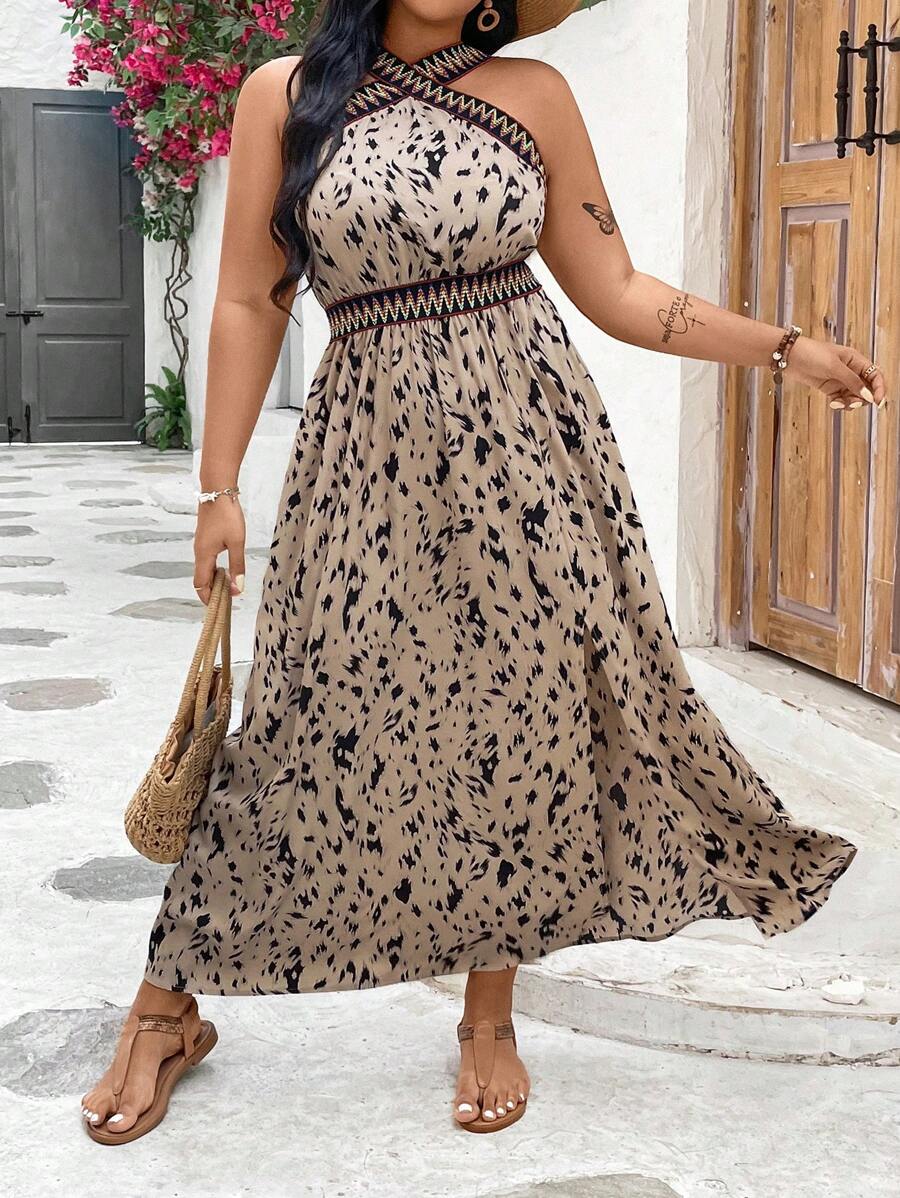 Breezaya 大尺碼女士拼接編織腰帶無袖連衣裙 - 卡其色 - 查看 1