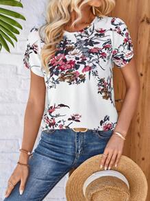 EMERY ROSE Quý cô In hoa Vòng cổ Áo thun - trắng - Xem 5