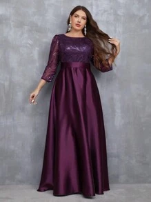 Plus Size Sequin Patchwork Satin Maxi Long Dress With Flared Hem Elegant Formal Prom Wedding Guest Gown, For Graduation, Dinner - 紫色 - 查看 4