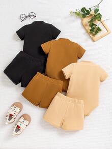 SHEIN Bộ áo liền quần và quần đùi ngắn tay mềm mại thoáng khí mùa hè cho bé trai - Nhiều màu - Xem 2